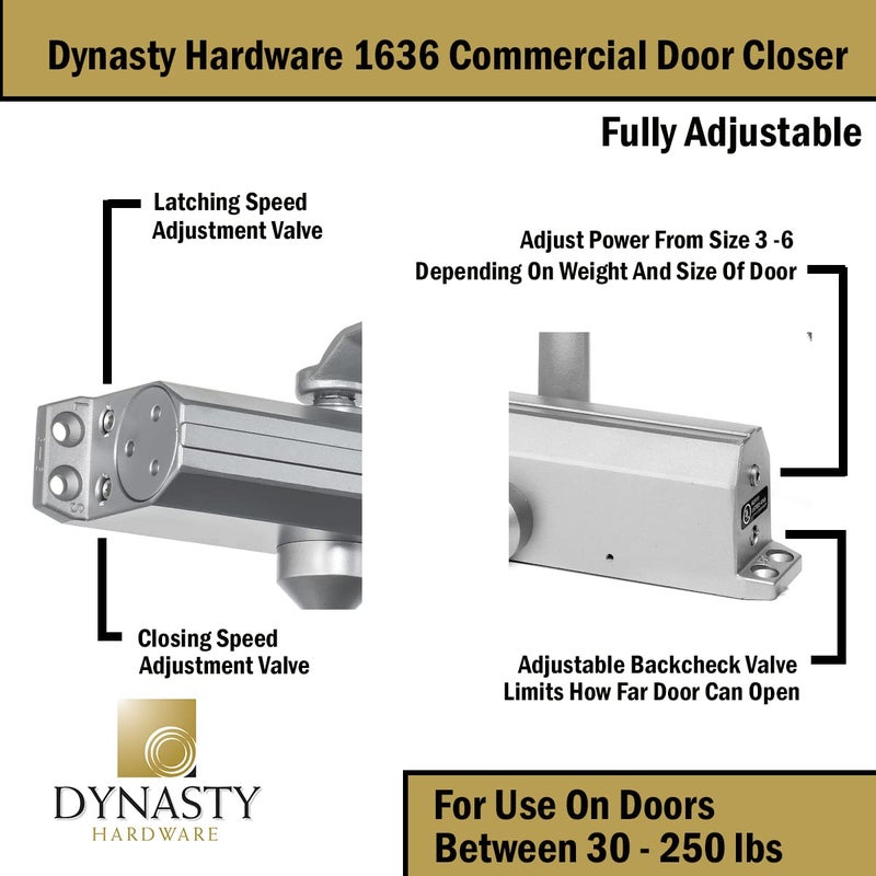 Dynasty Hardware Dynasty Door Closer Adjustable Spring Size 3-6 Hydraulic Automatic Door Closer Series 1636 (Aluminum) - Image 4